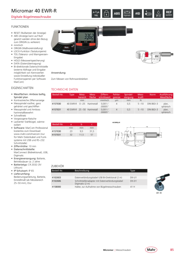Mahr 40 EWR-R Dig. Bügelmessschr. 25-50 mm m.DA m.K. 4157031