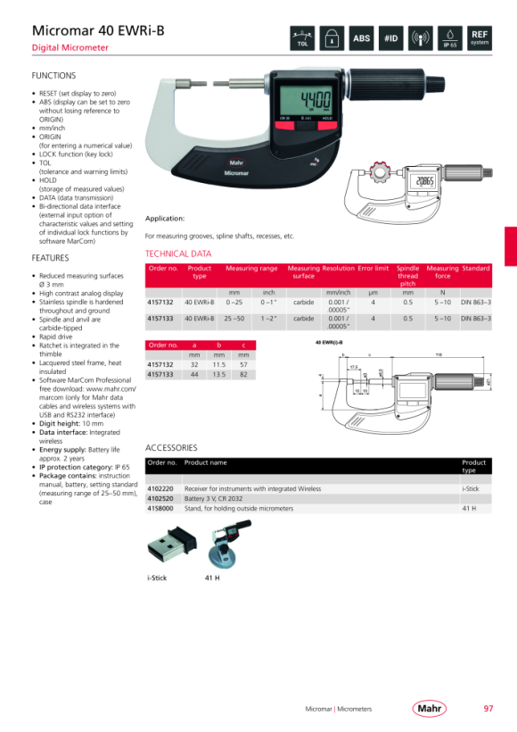 Mahr 40 EWR-S Digital Micrometer 75-100mm/3-4” with Data w.c. 4157044