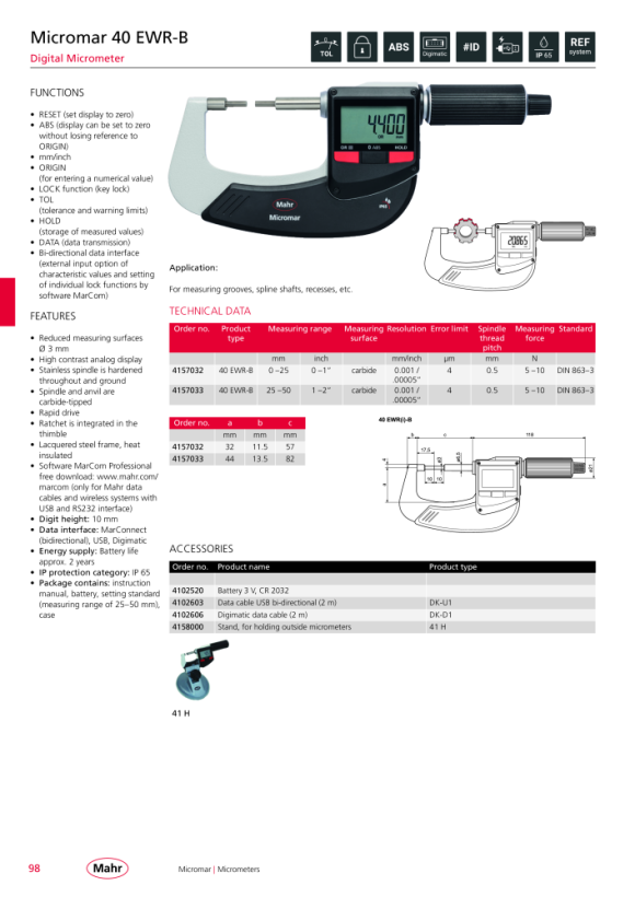 Mahr 40 EWRi-R Digital Micrometer 0-25mm/0-1” iwi w.c. 4157130