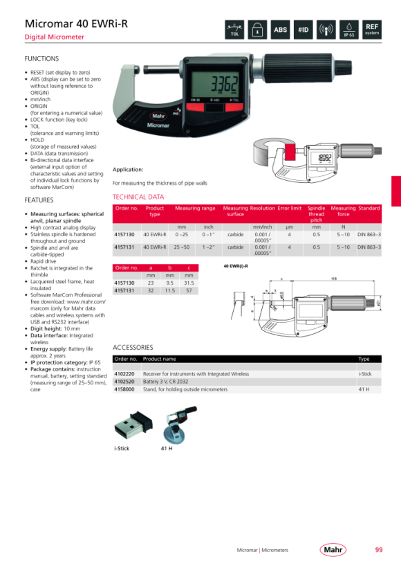 Mahr 40 EWRi-R Digital Micrometer 0-25mm/0-1” iwi w.c. 4157130