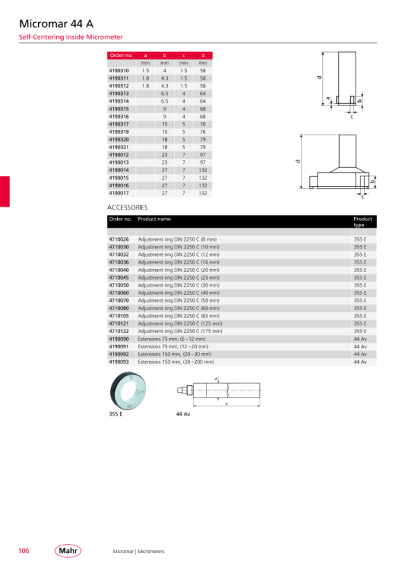 Mahr 44 Av extensão 75 mm, para faixa de medição 6-12 mm 4190090