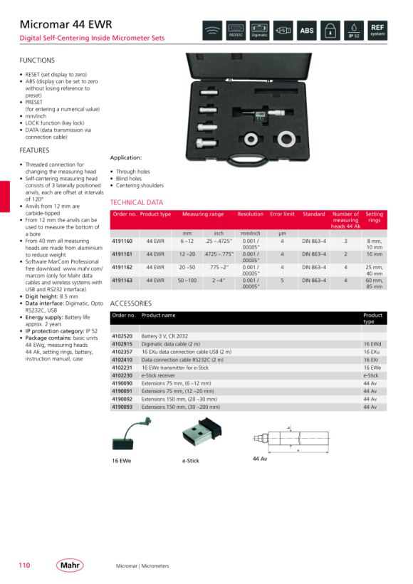 Mahr 44 EWR Dig. Inside Micrometer Set 12-20 mm w.c. 4191161