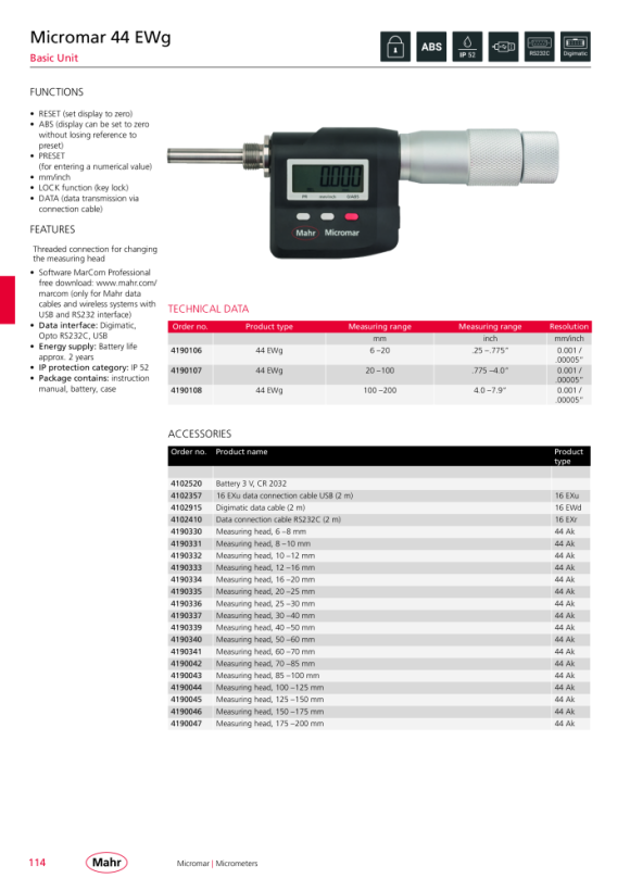 Mahr 44 GTE Dig. Micrómetro de interiores dispositivo básico para 100-200 mm mK 4190108