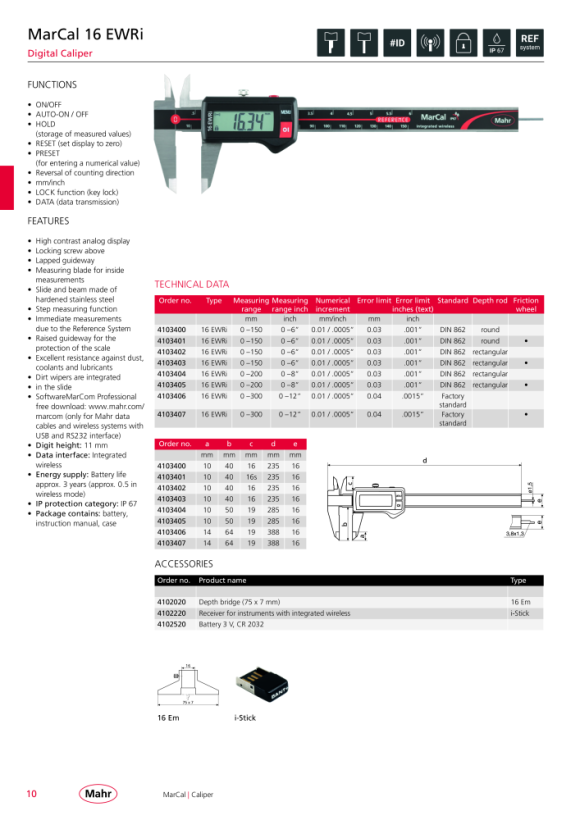 Mahr 16 EWRi Dig.Caliper 300 mm/12” iwi w.c. 4103406