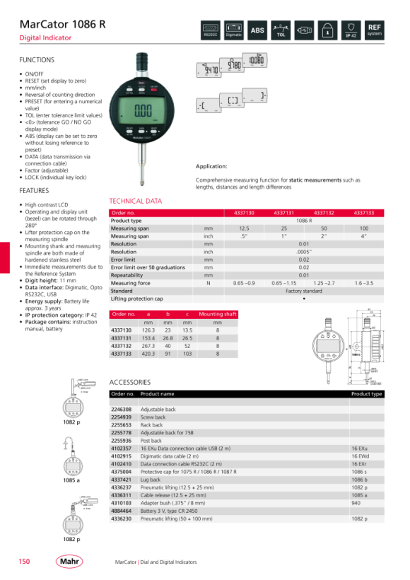 Mahr 1086 R Digital Indicator 100mm/4” res.0,01mm w.c. 4337133