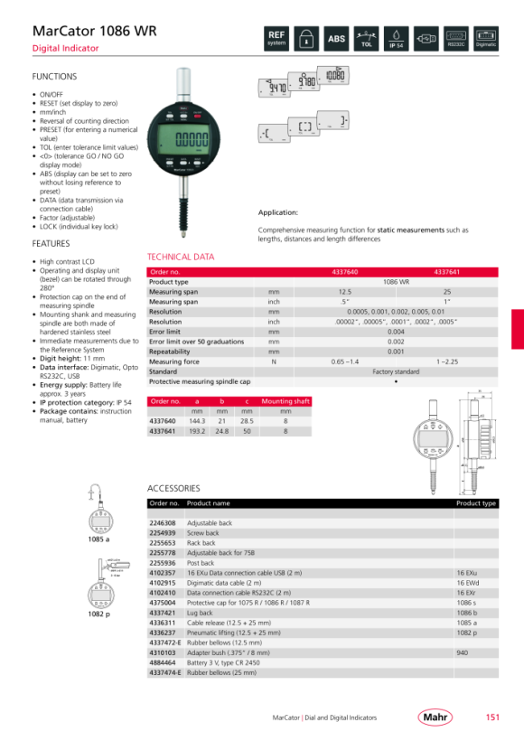 Mahr 1086 R Digital Indicator 100mm/4” res.0,01mm w.c. 4337133