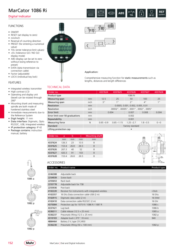 Mahr 1086 Ri Digital Indicator 25mm/.1” res.0,0005mm w.c. 4337625