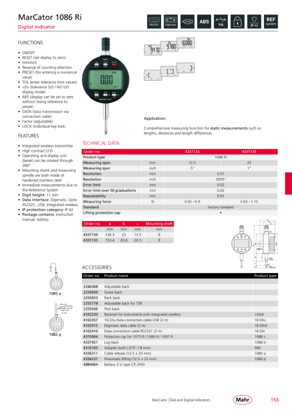 Mahr 1086 Ri Digital Indicator 25mm/.1” res.0,0005mm w.c. 4337625