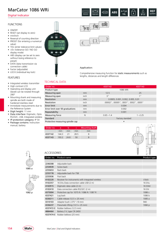 Mahr 1086 WRi Digital Indicator 25mm/1” res.0,0005mm w.c. 4337143