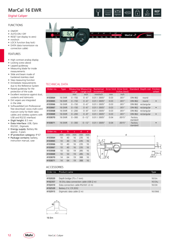 Mahr 16 EWR Dig.Caliper 200 mm/8” rect. DR th.wheel Data w.c. 4103069