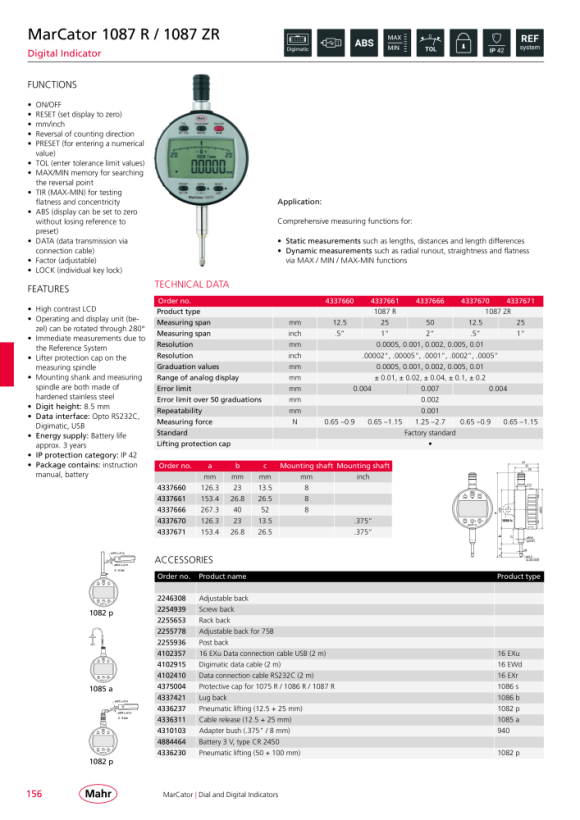 Mahr 1087 ZR Digital Indicator 25mm/1” res.0,0005mm w.c. 4337671