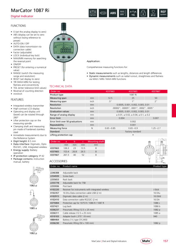 Mahr 1087 ZR Digital Indicator 25mm/1” res.0,0005mm w.c. 4337671