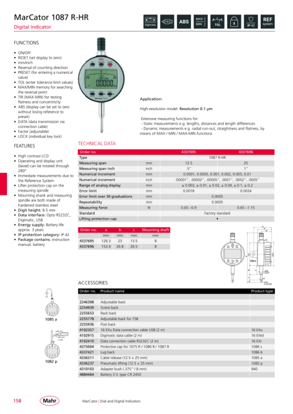 Mahr 1087 R-HR Digital Indicator 25mm/1” res.0,1µm w.c. 4337696