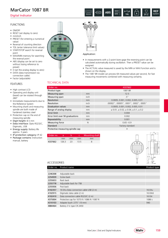 Mahr 1087 R-HR Digital Indicator 25mm/1” res.0,1µm w.c. 4337696