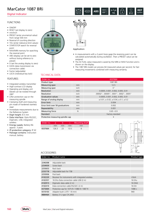 Mahr 1087 BRi Digital Indicator 12,5mm/.5” res.0,0005mm w.c. 4337664