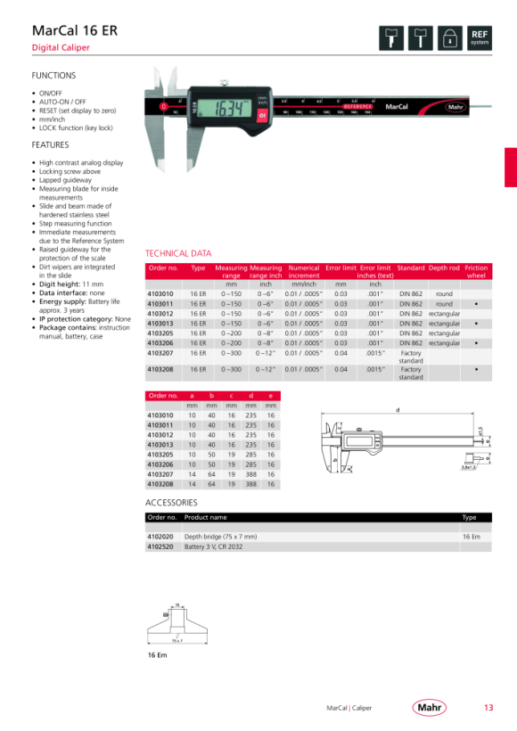 Mahr 16 EWR Dig.Caliper 200 mm/8” rect. DR th.wheel Data w.c. 4103069