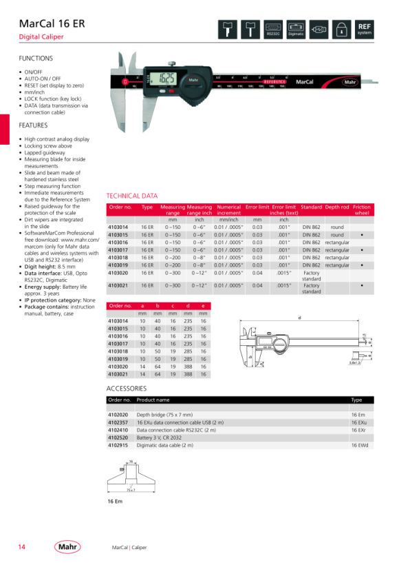 Mahr 16 ER Dig.Caliper 300 mm/12” with friction wheel Data w.c. 4103021