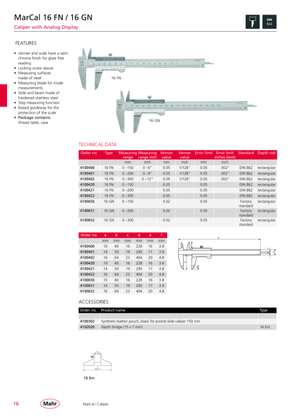 Mahr 16 FN pie de rey 200 mm No. 0,05 mm 1/128? mK 4100401