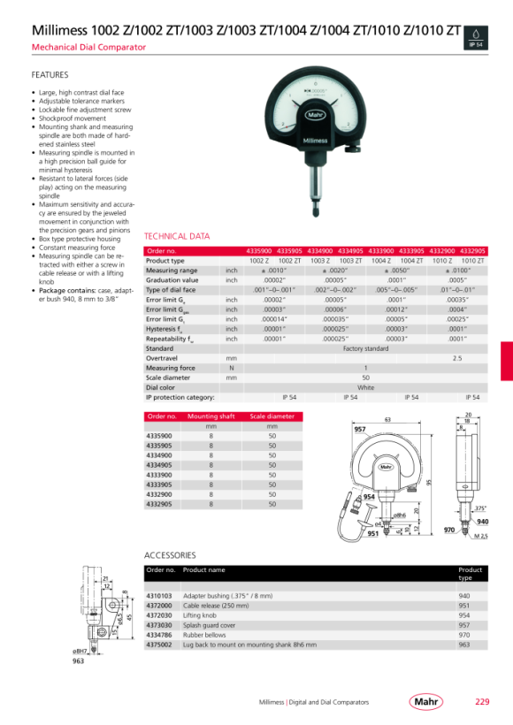 Mahr 1004 ZT Comparator Millimess ±.0050” / .0001” IP54 w.c. 4333905