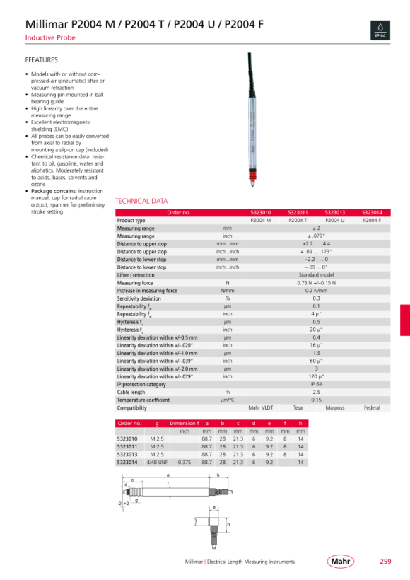 Mahr P2004 T Palpador inductivo de medida de longitud, con K. 5323011