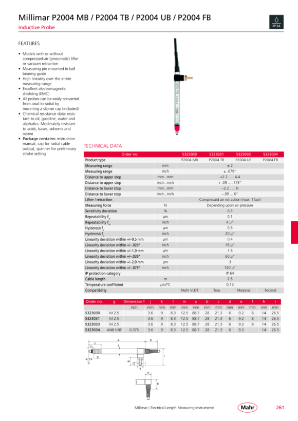 Mahr P2004 FA Inductive probe incl. test report, w. c. 5323024