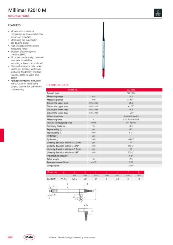 Mahr P2010 FA Inductive probe incl. test report, w. c. 5324024