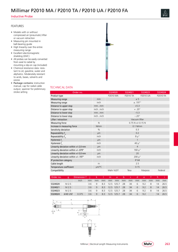 Mahr P2010 FA Inductive probe incl. test report, w. c. 5324024