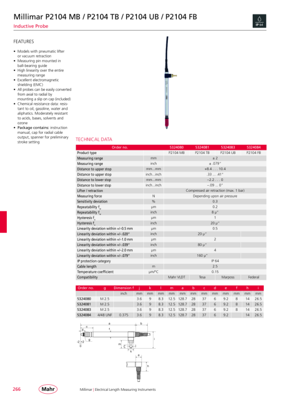 Mahr P2104 FB Inductive probe incl. test report, w. c. 5324084