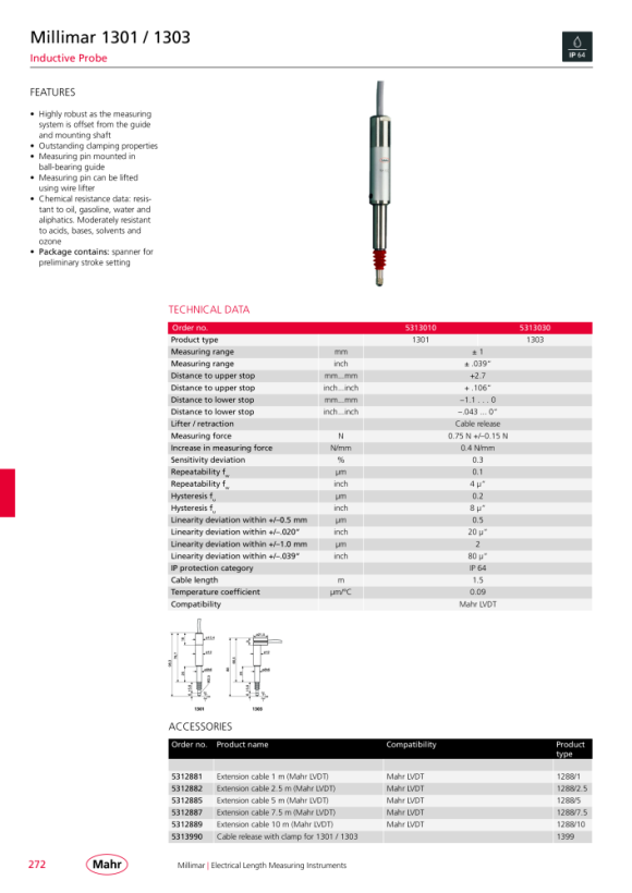 Mahr 1288 extension cable 7.5m, industrial probe 5312887