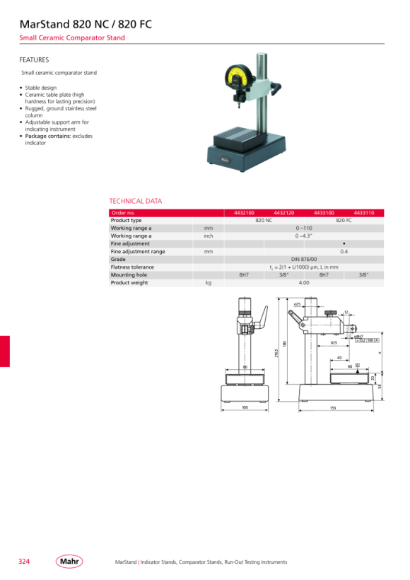 Mahr 820 table de mesure NC 0-110 mm table céramique 80x80mm 3/8? mK 4432120