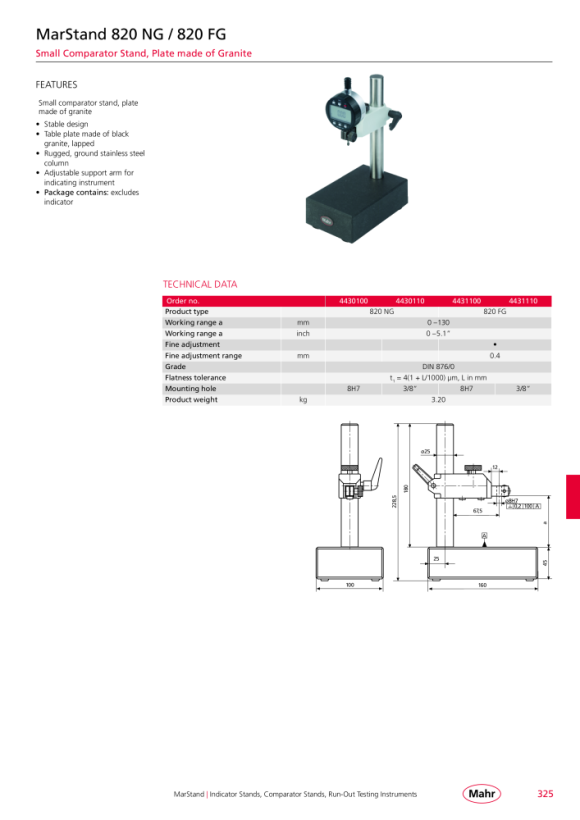 Mahr 820 table de mesure NC 0-110 mm table céramique 80x80mm 3/8? mK 4432120