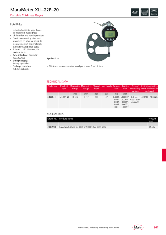 Mahr Blade Anvil, P=10-7 TPI 853-f UST w.c. 4176120