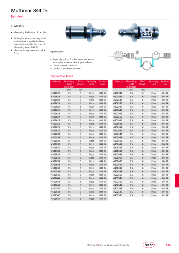 Mahr 844 Tk Inserto de medición de bola HM bola ø 0,551 mm mK 4502621