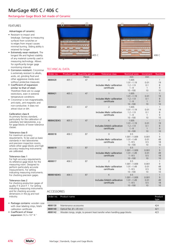 Mahr 405 C/0 Gage Block Set 47 pcs., Ceramic w.DC 4800420