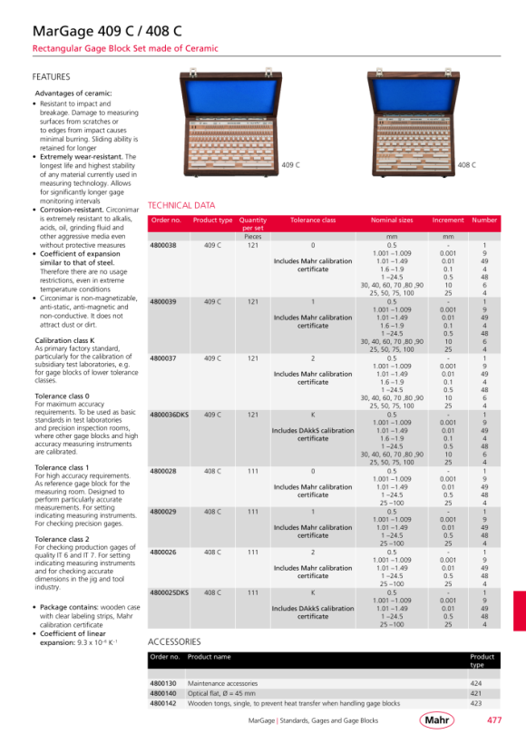 Mahr 409 C/2 Gage Block Set 121 pcs., Ceramic w.DC 4800037