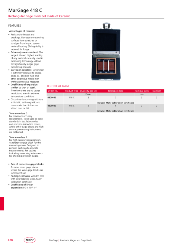 Mahr 418 C/0 Ceramic parallel gauge block set, 2 pieces 4800085