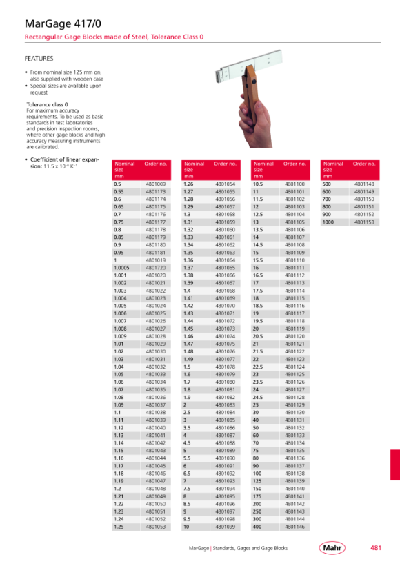 Mahr 417/0 Gage Block, Grade 0 1,05 mm Steel w.c. 4801033