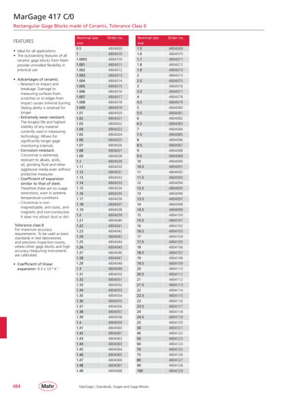 Mahr 417 C/0 Gage Block, Grade 0 1,07 mm Ceramic w.c. 4804026