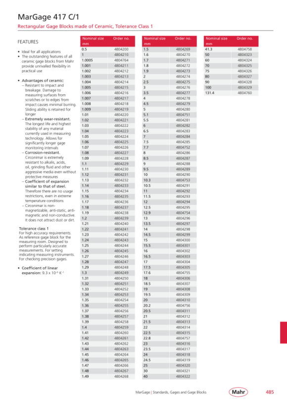 Mahr 417 C/1 Gage Block, Grade 1 1,06 mm Ceramic w.c. 4804225