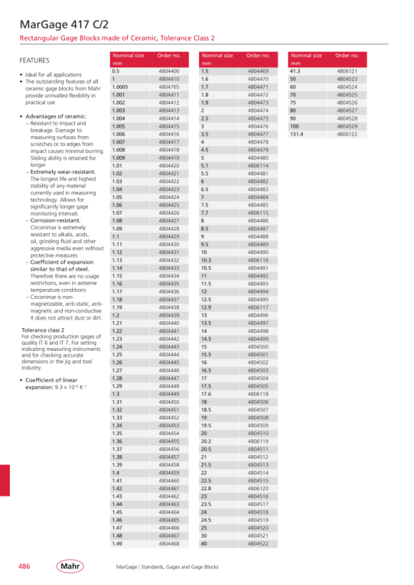 Mahr 417 C/2 Gage Block, Grade 2 1,11 mm Ceramic w.c. 4804430