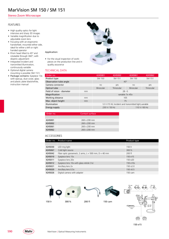 Mahr SM 161 stereo zoom microscope, 7x-45x, trinocular 4245004