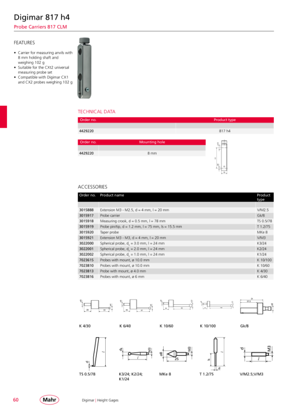 Mahr 817 h4 soporte para inserciones de medida, 817CLM/Stand K4/30.K10/100Ø8mm 4429220