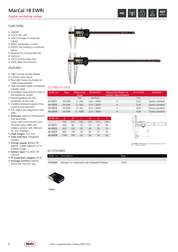 Mahr 18 EWRi Dig.Caliper 500 mm/20” w. measuring Blades iwi w.c. 4112572