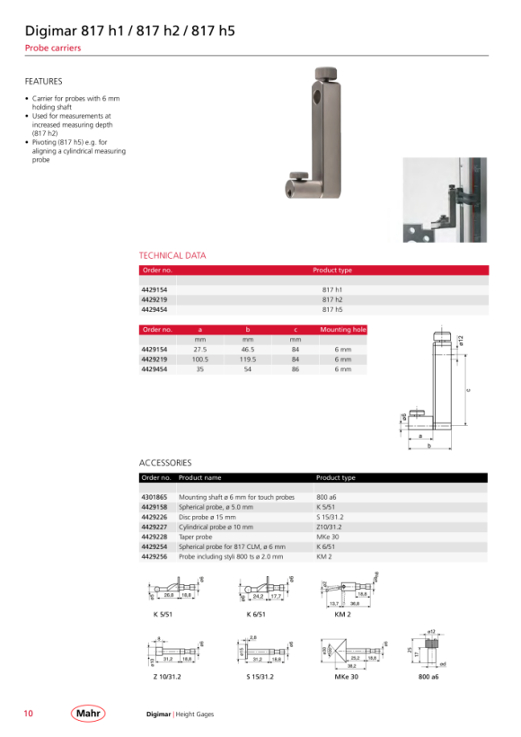 Mahr 817 h2 soporte para inserciones de medida, 817 CLM Ø 6mm 4429219