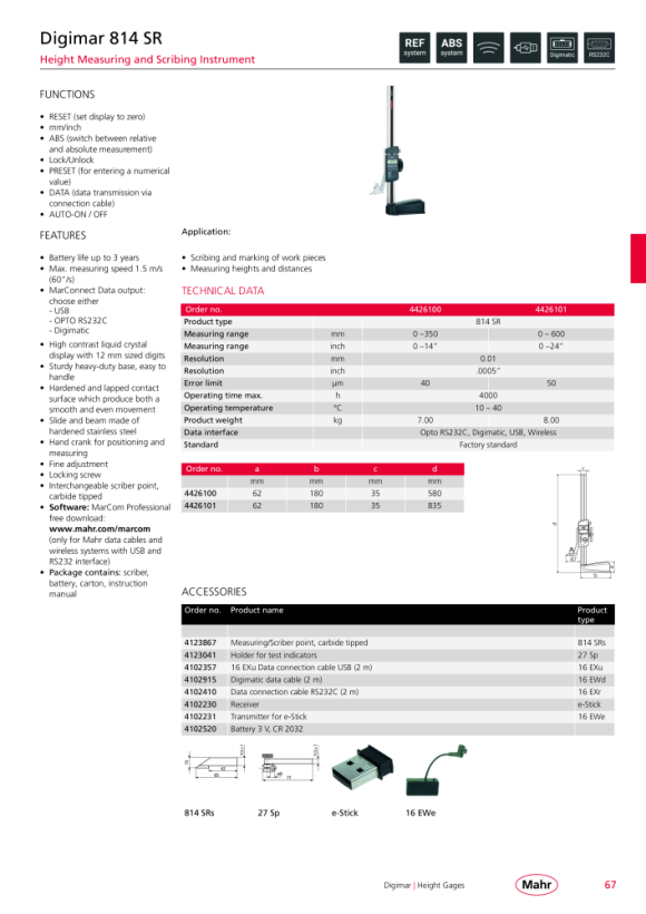 Mahr 814 SR Digital Height Gage and scribing device 600mm/24”,w.c. 4426101