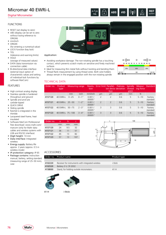 Mahr 40 EWR-L Digital Micrometer 50-75mm/2-3” with Data w.c. 4157022