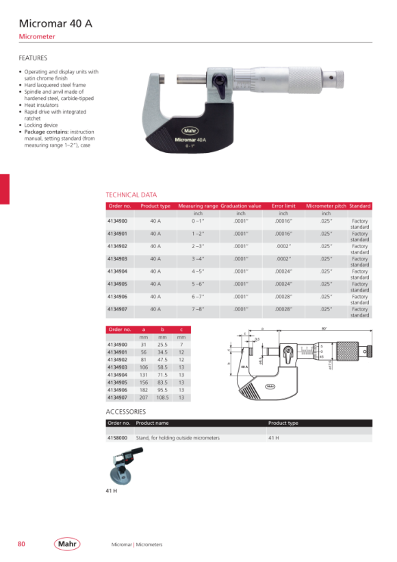 Mahr 40 SA Micrometers in Set 0 - 4” res. .0001” w.c. 4134960