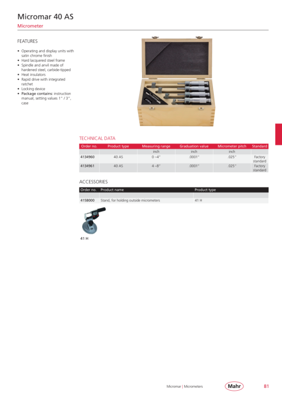 Mahr 40 SA Micrometers in Set 0 - 4” res. .0001” w.c. 4134960