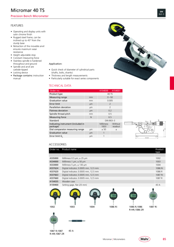 Mahr Reloj comparador de precisión 40 T/1003. 100-150 mm incluye puntero de precisión mK 4154003