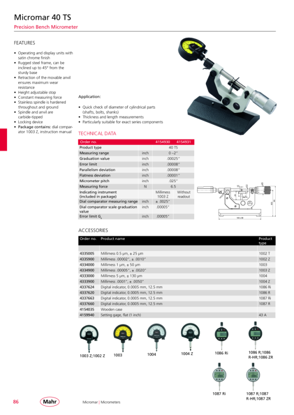 Mahr 40 Inserto de medida Ef Ø3,5x15,5 mm, superficie de medida plana Ø 6,5 mm 4151794